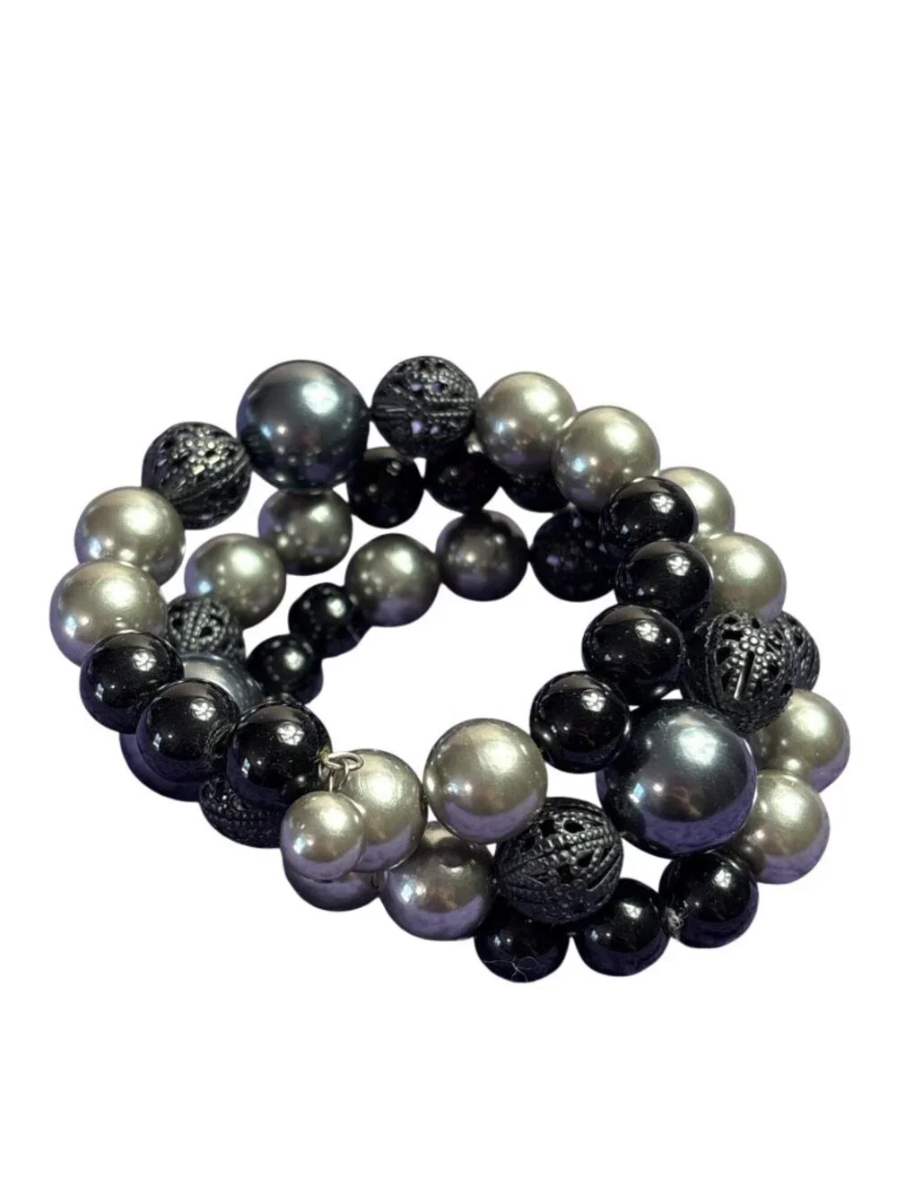 Vintage Beaded Memory Wire Bracelet Silvertone Gunmetal Black Filigree